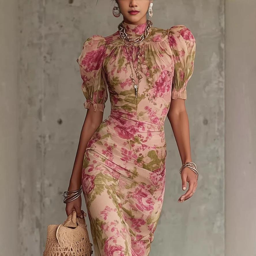 YYFS Women's Fashion Summer Spring Flower Pattern Print Short Sleeve High Neck High Waist Casual Dresses