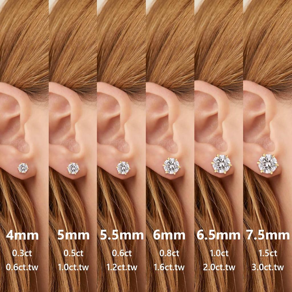 KRKCLIFE 6 Diamond Moissanite for Men and Diamond 925 Hypoallergenic To 1 Stud Sparkling Binaural Total Carat Silver Gold Earrings, Moissanite,