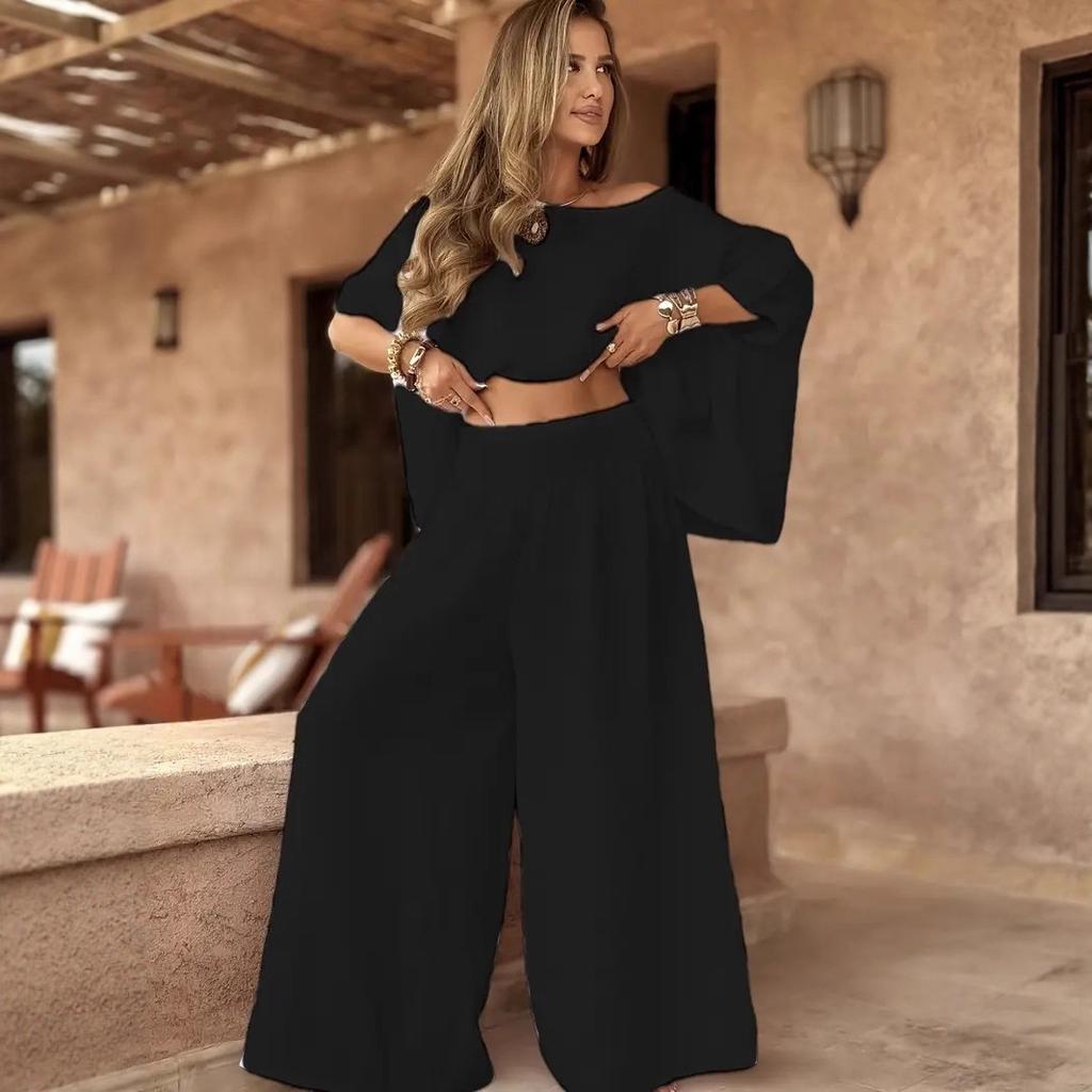 Braunes Fledermausärmel Off-Shoulder Oberteil mit hochtaillierter Hose mit weitem Bein Zweiteiliges Set
