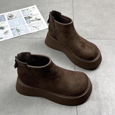 Flache Plateau Wildleder Stiefeletten Winter Schnee Plüsch Warm Baumwollschuhe Mittelhohe Absätze Mode Stiefel Trend Goth Chelsea Botas Mujer