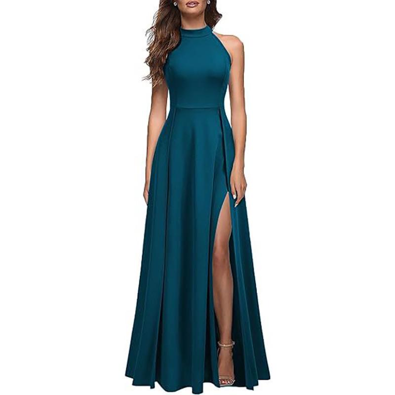 2025 Summer Women's Fashion: Sexy Slit Halter Neck Evening Gown – High-End Feel Long Skirt