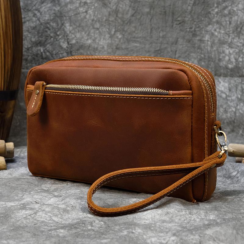 Genuine Leather Clutch Bag Of Men Male Long Hand Bag Crazy Horse Leather Day Clutches For 6" Cell Phone With Wrist Belt