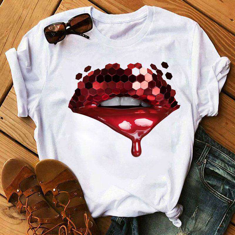Lippen Reine Baumwolle Bedruckt Unisex und Damen Modetrend T-Shirt Sommer Neu Personalisiert Rundhals Locker Lässig T-Shirt