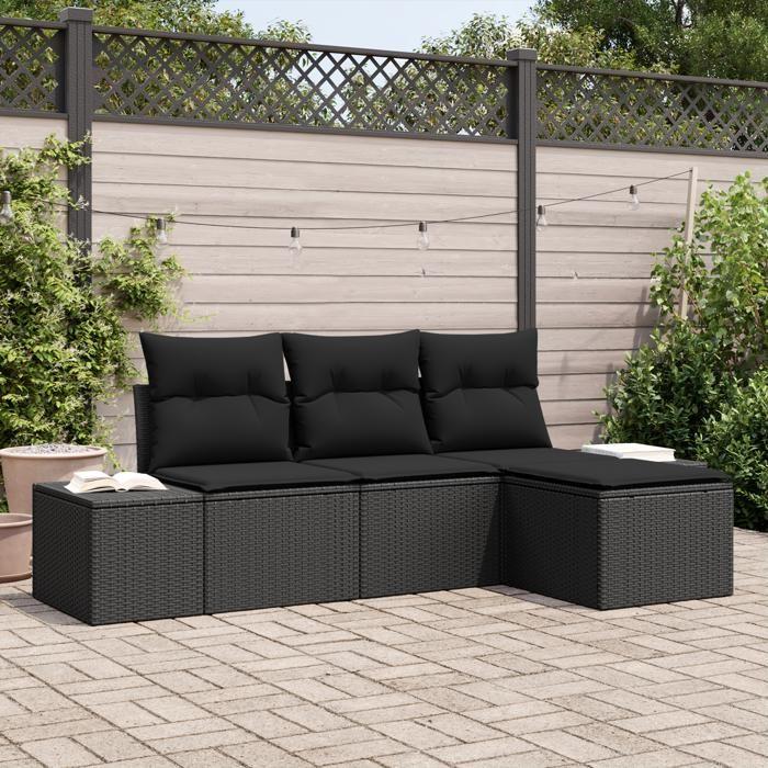 VidaXL Ensemble de Canapé de Jardin 4 Pièces avec Coussins Noir Poly Rattan 3347013
