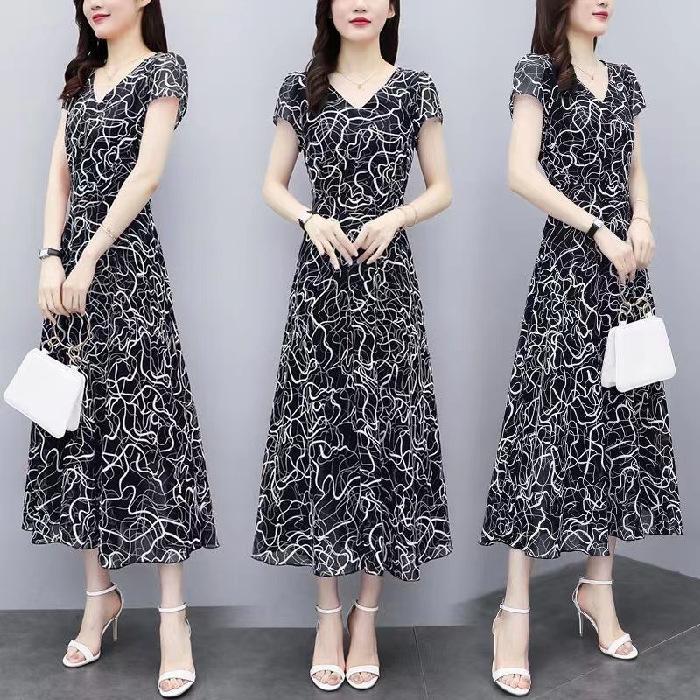 

Ke Bingsi floral dress women s summer short-sleeved new belly-covering and thin large-size loose long dress 5XL чорний