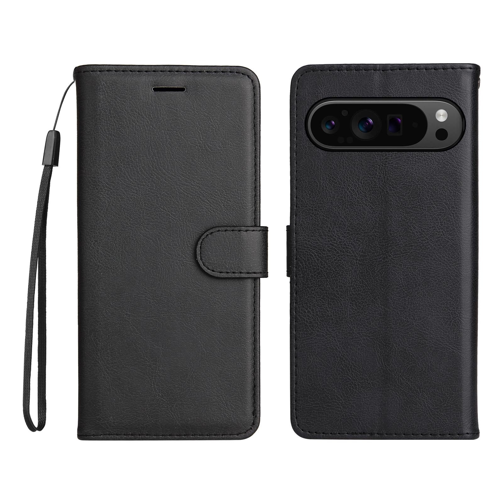

For Google Pixel 10 Pro XL/9 Pro XL Case Solid Color Leather Mobile Cover Wallet Stand with Strap Black
