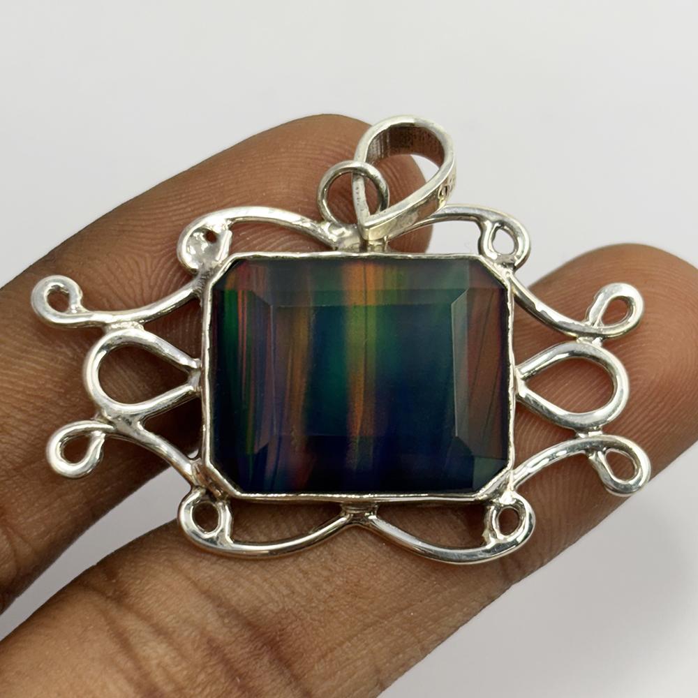 CERTIFIED 32 Ct Natural Opal 925 Sterling Silver Emerald Pendant Gift For Him