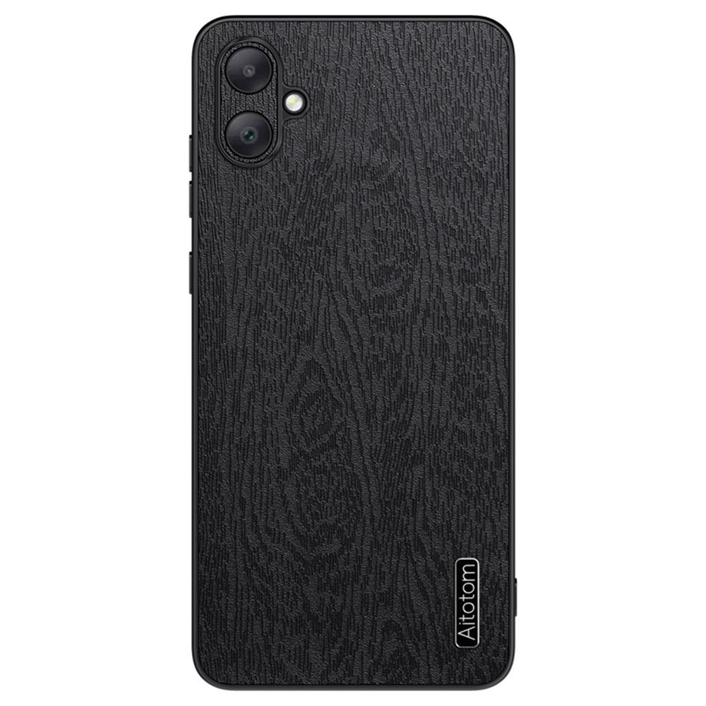 

For Samsung Galaxy A06 4G Case Wood Texture PU Leather Coated PC+TPU Phone Cover Black