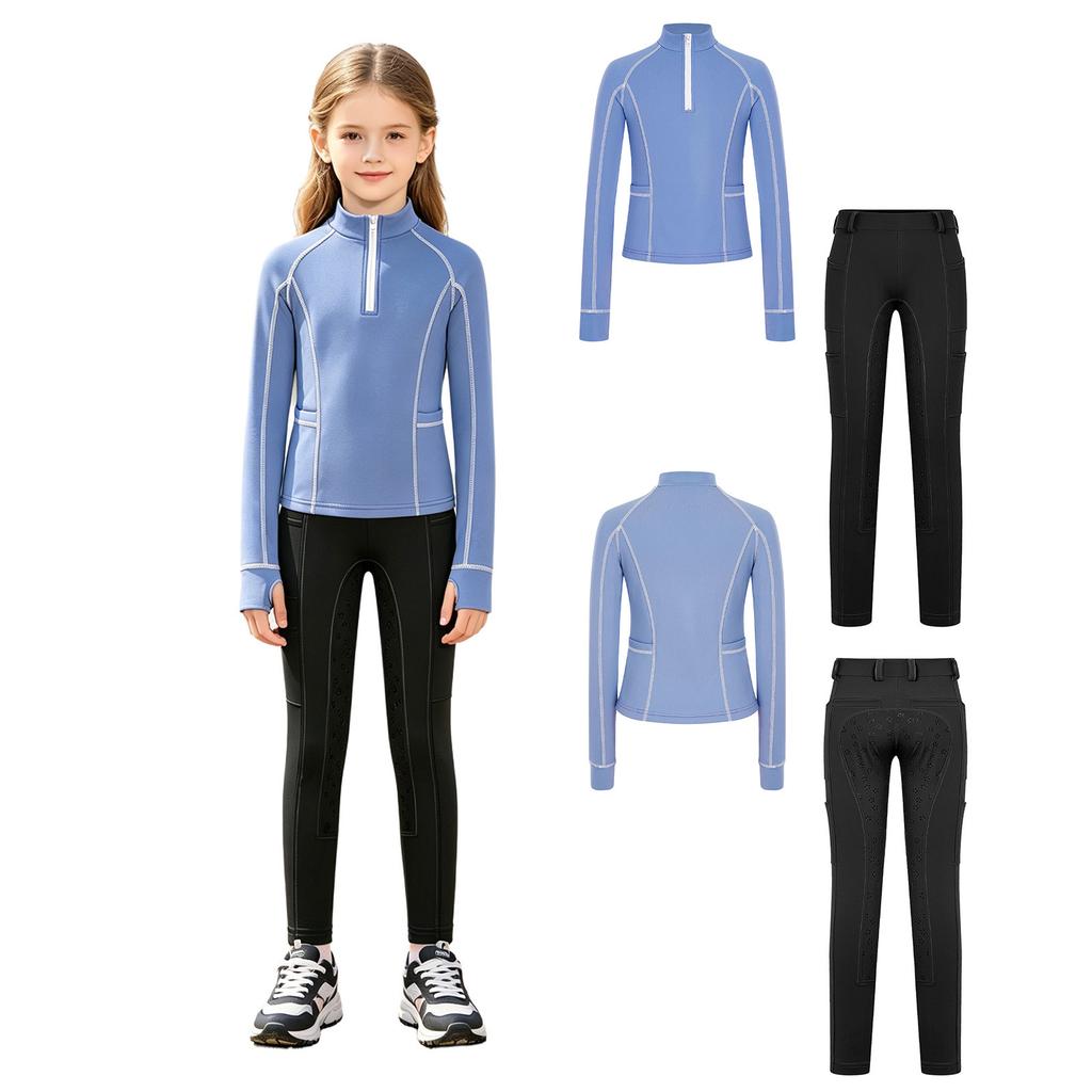 Tenue d'équitation pour filles Ensemble à col montant, manches longues avec trous pour les pouces, pull à fermeture éclair avec pantalon d'équitation à grip intégral antidérapant pour l'entraînement