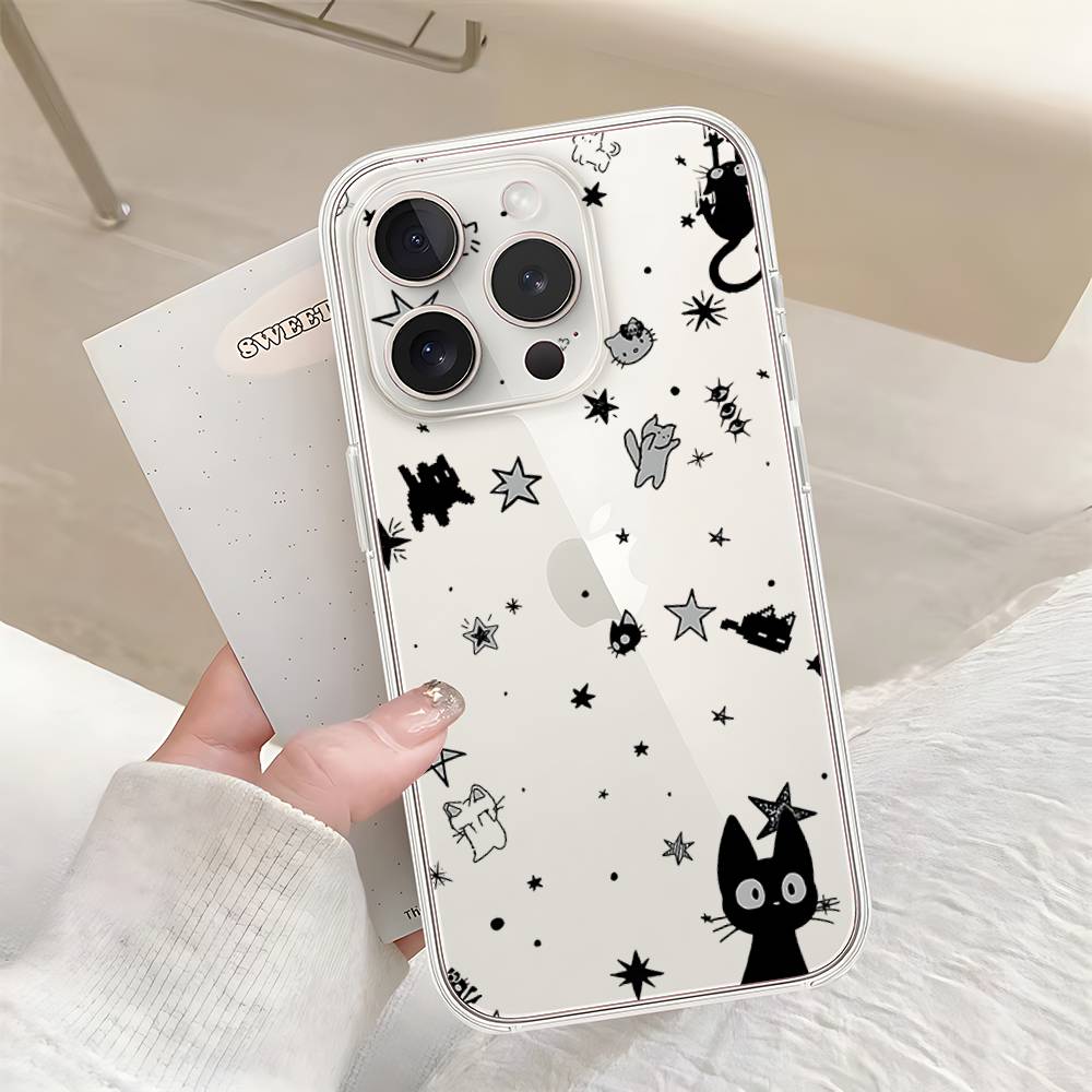 B-Black Cat Phone Case For Iphone17 16 15 11 13 14 Pro Max 7 8 Plus X Xr Xs Max Se2020 12mini Transparent Cov