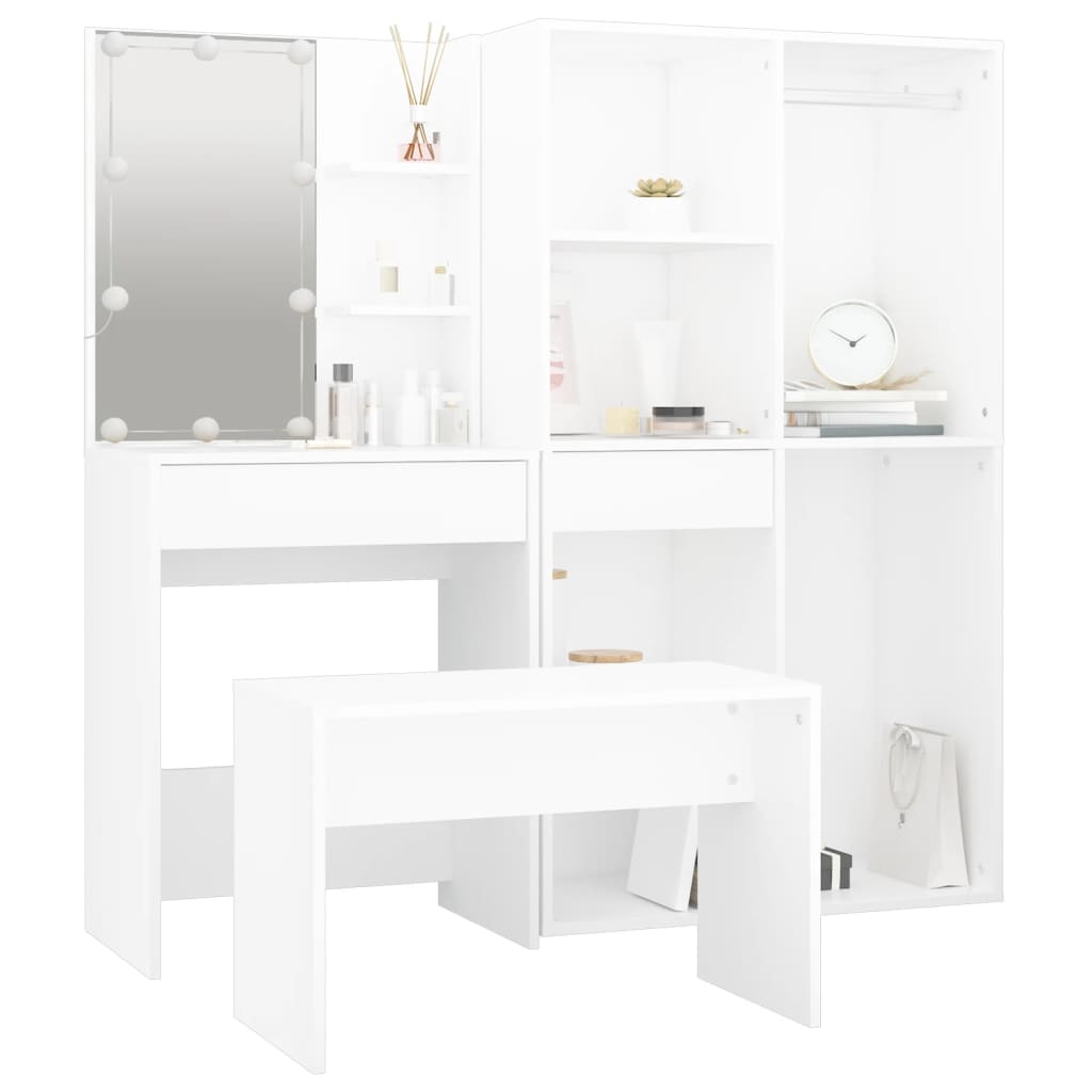 Makeup Table Set with LED Lighting White Wood Based Material