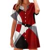 Women's Fashion Casual V-neck Short Sleeve Button Retro Color Block Splicing Print Dress