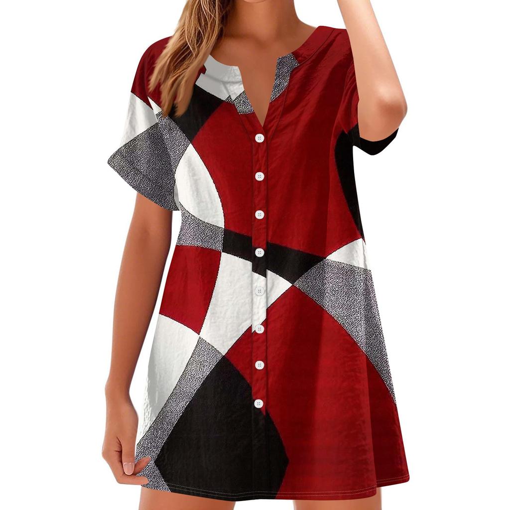 Women's Fashion Casual V-neck Short Sleeve Button Retro Color Block Splicing Print Dress