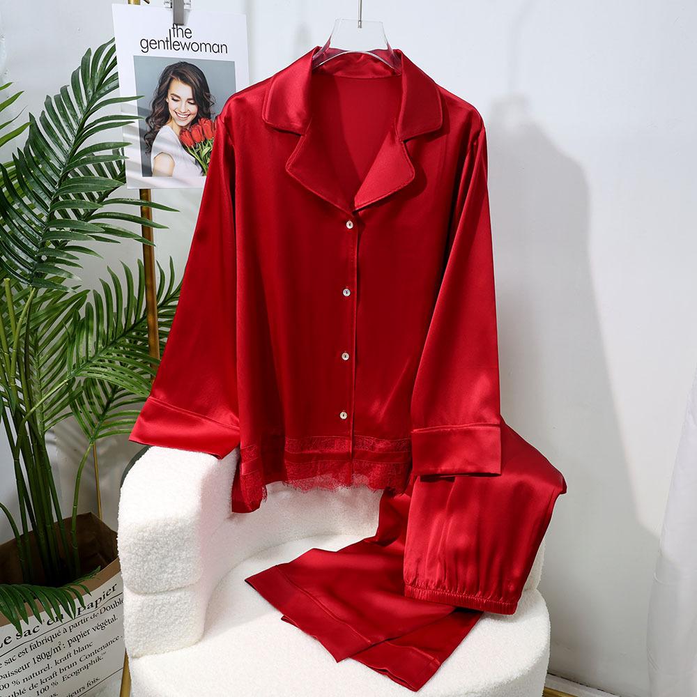 

100% шелковая домашняя одежда, настоящий шелковый пижамный комплект, женская рубашка с длинным рукавом, брюки, однотонная домашняя одежда, пижама с отворотом, ночная одежда XL красный