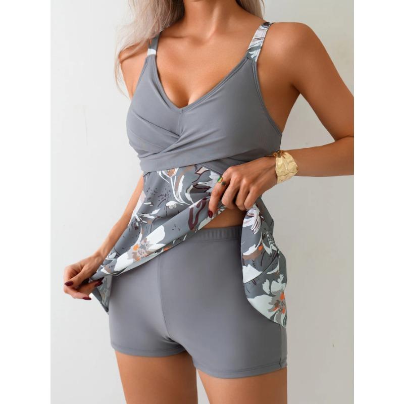 2025 Neues Patchwork-Print Tankini-Set Damen Bescheidene Badeshorts Träger Strand Cover-Up Badeanzug Zweiteilig Sommerurlaub Kleidung