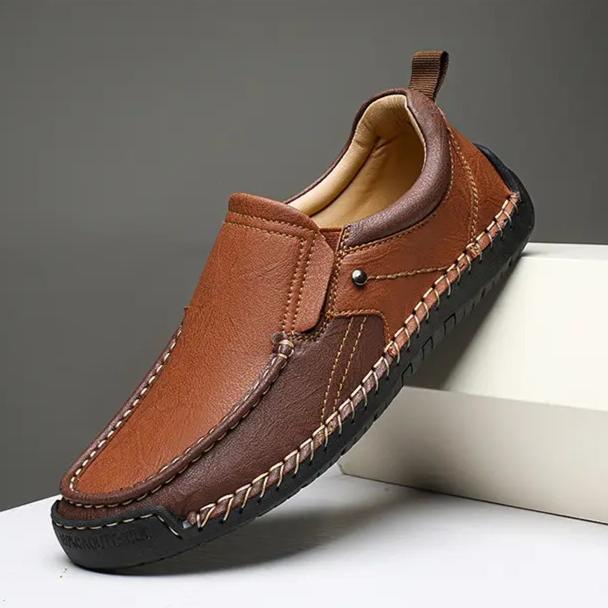 Hand-Sewn Casual Leather Shoes Color-Blocked Slip-On Loafers Men'S Non-Slip Sole Breathable Comfortable Walking Shoes