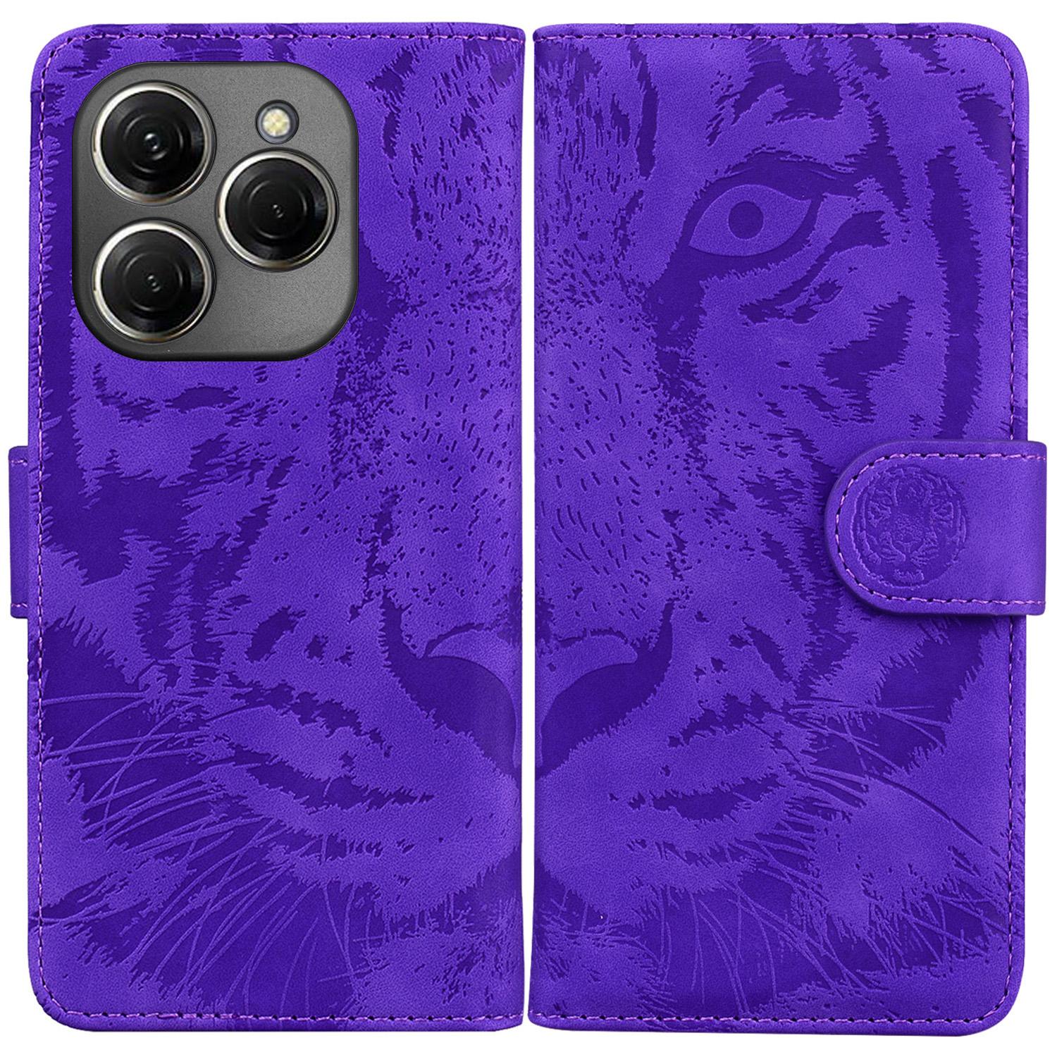

For TECNO Spark 20 Pro Wallet Phone Case Tiger Pattern PU Leather Flip Cover Purple