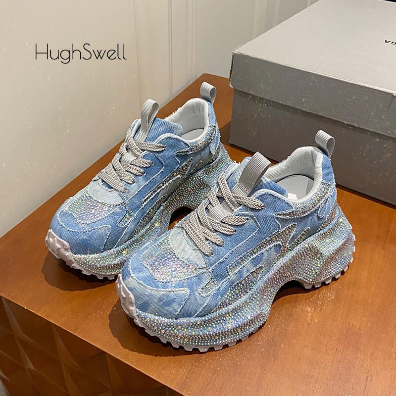 Fashion Rhinestone Cover Thick Sole Denim Canvas Sneaker Woman Bling Rivet Chunky Daddy Shoe Ladies Luxury Brand Design Crystal Zapatos