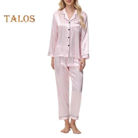 

Женский комплект пижамы из 2 предметов из шелкового атласа, топ с пуговицами на лацканах и брюки, свободная рубашка в полоску и брюки с эластичным поясом, одежда для отдыха XL розовый