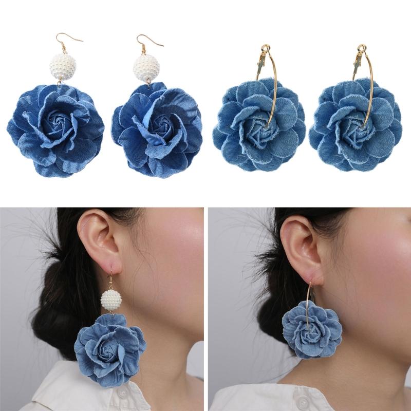 Floral Drop Earrings Lightweight Camellia Earrings Allergy Free Blue Flower Ear Pendants Handmade Denims Ornament
