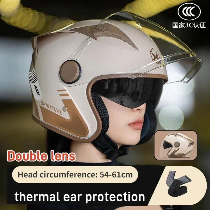 Motorcycle Helmet Winter Warm Ear Protection Electric Half Helmet All Season Universal Safety Helmet Double Lens