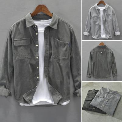 Spring Men Cargo Shirt Single-breasted Loose Solid Color Long Sleeves Chest Pockets Turn-down Collar Cardigan Soft Breathable Corduroy Shirt Coat