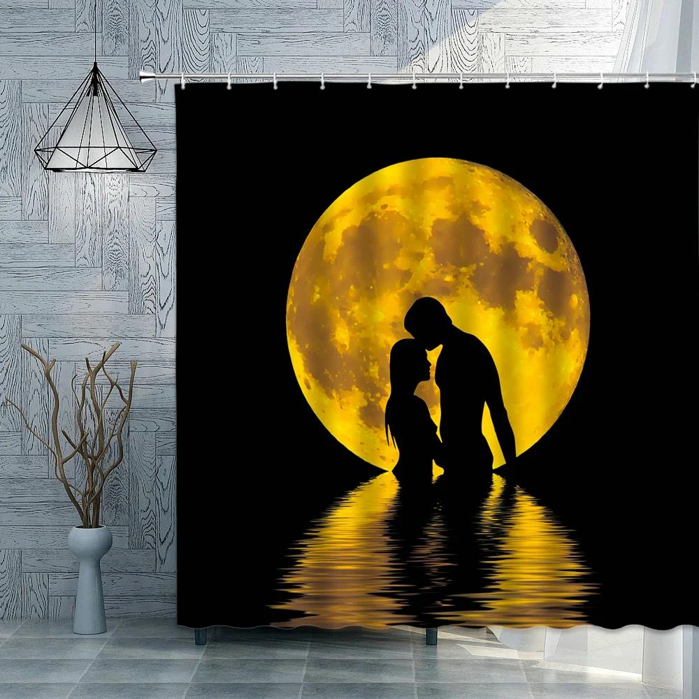 Romantic Lover Shower Curtains Moon Couple Waterproof Polyester Fabric Bathroom Curtain 3D Valentine's Day Decoration