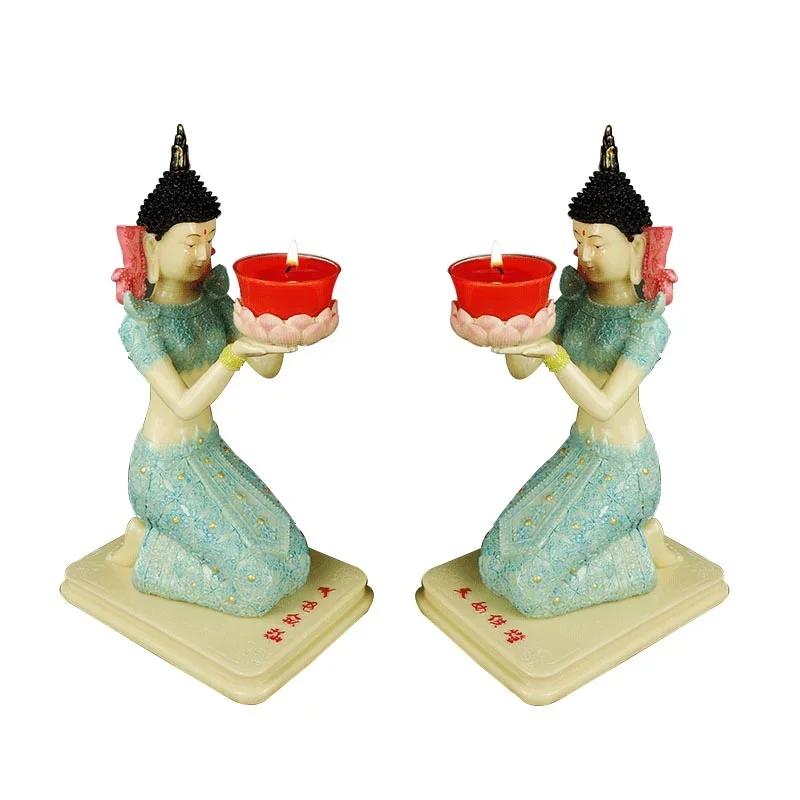 1 Pair Resin Dunhuang Fairy Lamp Holders Chinese Lotus Buddha Front Lamp Holder Offering Feng Shui Ornaments Candlestick Holder