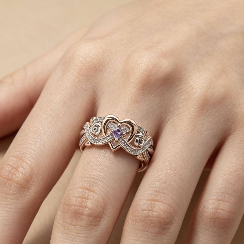 Rose Princess Square Diamond Ring, European and American Love-shaped Rose Gold Two-color Zircon Ring.