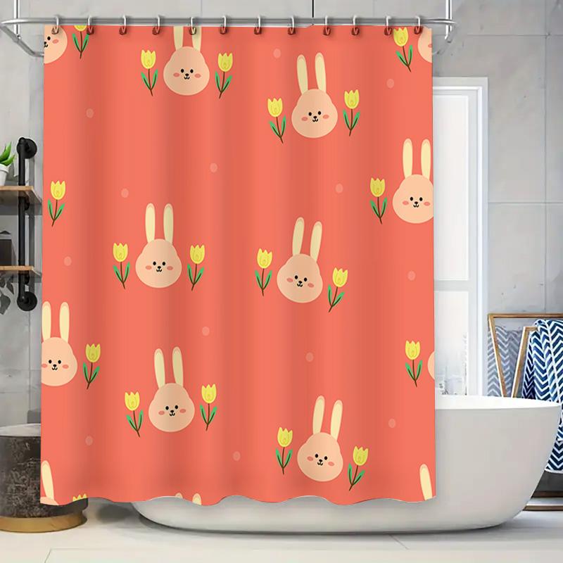 

Pink Rabbit Flower Shower Curtain Bathroom Decor Home Textiles Waterproof Washable Fabric 3D Printed Pattern with Yellow Tulips 90x180cm