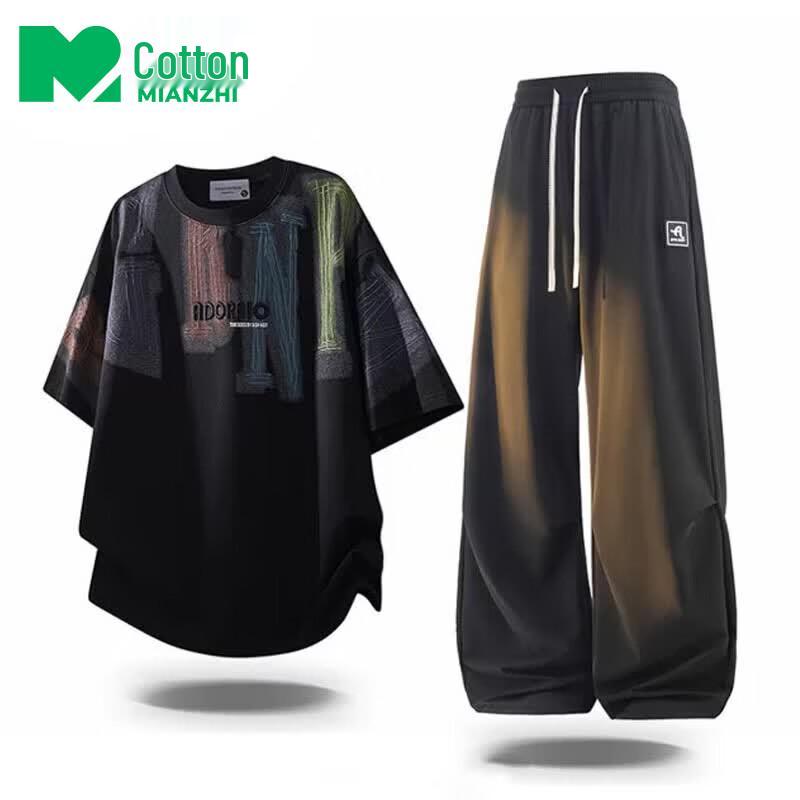 Men s Summer Cotton Blend Round Neck Two-Piece Set 3XL