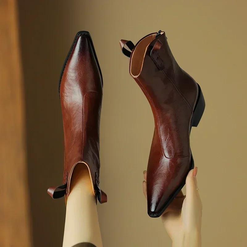 Fashion 2025 Autumn/winter Women Boots Genuine Leather Western Boots Women Shoes Pointed Toe Chunky Heel Chelsea Boots Retro Ankle Boots