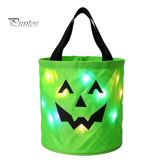 Stabiler Griff Süßigkeitenaufbewahrung Halloween Leuchtender Kürbisbeutel LED Leuchtend Süßes oder Saures Eimer Stoff Geschenkverpackung für Kinder Wiederverwendbar Wasserdicht Oxford