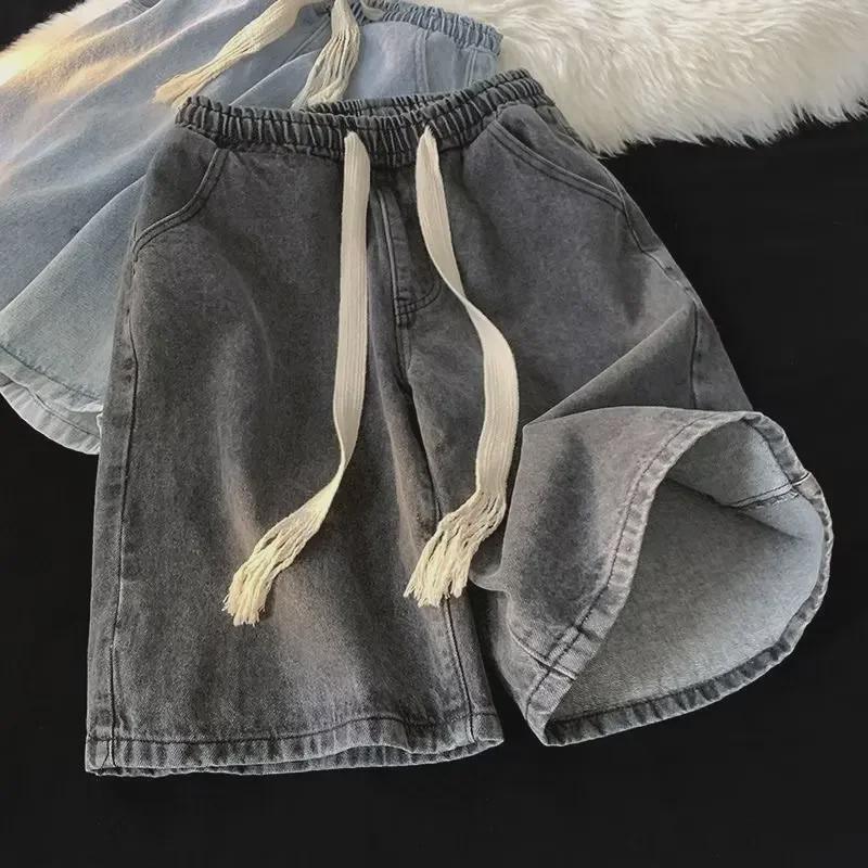 Men's Retro Casual Denim Drawstring Shorts - Summer, Mid-Length, Loose Fit