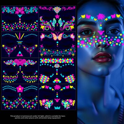 4/8Pcs Fluorescent Face Tattoo Stickers Colorful Flower/Butterfly/Feather Design Temporary Decal Waterproof Makeup/Party Tattoos