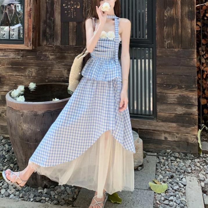 Women's Summer 2025 Floral Checkered Camisole & Irregular Midi Skirt Set
