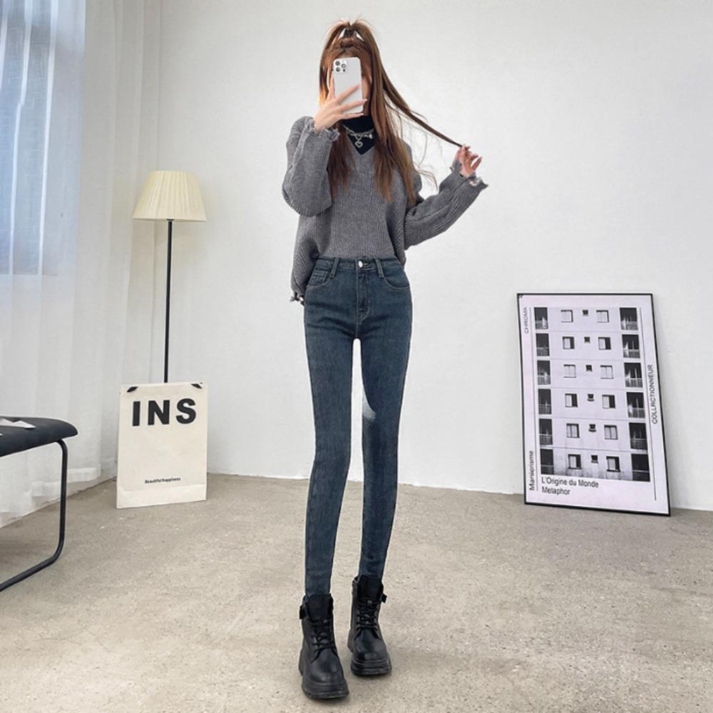 High-waisted Jeans for Women's 2025 Autumn and Winter New Thin, Slim-fitting, Fleece, Small-footed Pencil Pants