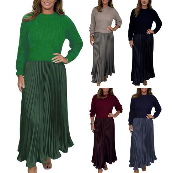 Höst Vinter Damklänning Falsk Tvådelad Stickad Tröja Plisserad Kjol Patchwork Långärmad Rundhals A-linje Maxiklänning