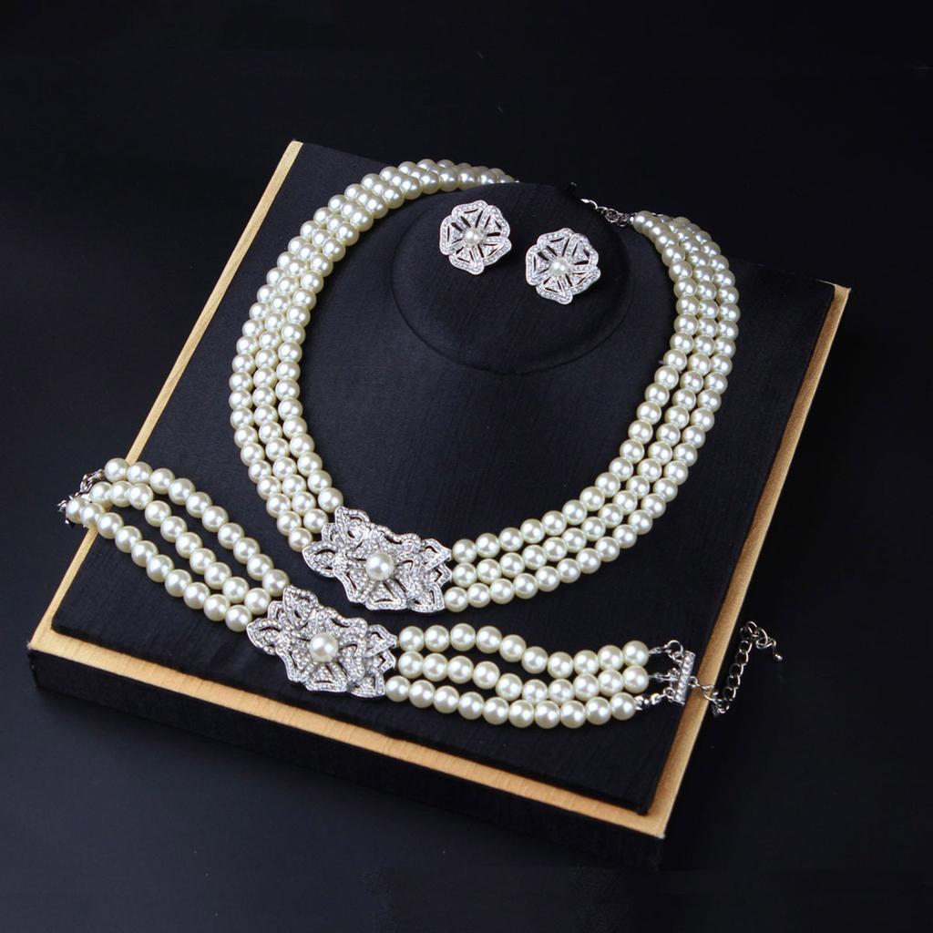 Victorian Style Necklace Earrings Bracelet Set Featuring Simulated Pearls and Cubic Zirconia for Elegant Occasions