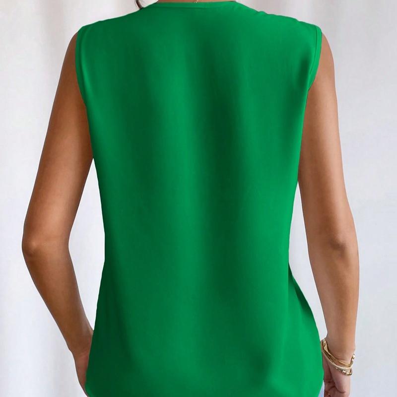 Summer New Pleated V-neck Solid Loose Shirt Women Sleeveless Elegant Casual Woman Blouse Vintage Fashion Office Lady Plus Size Blouses Tops 24716