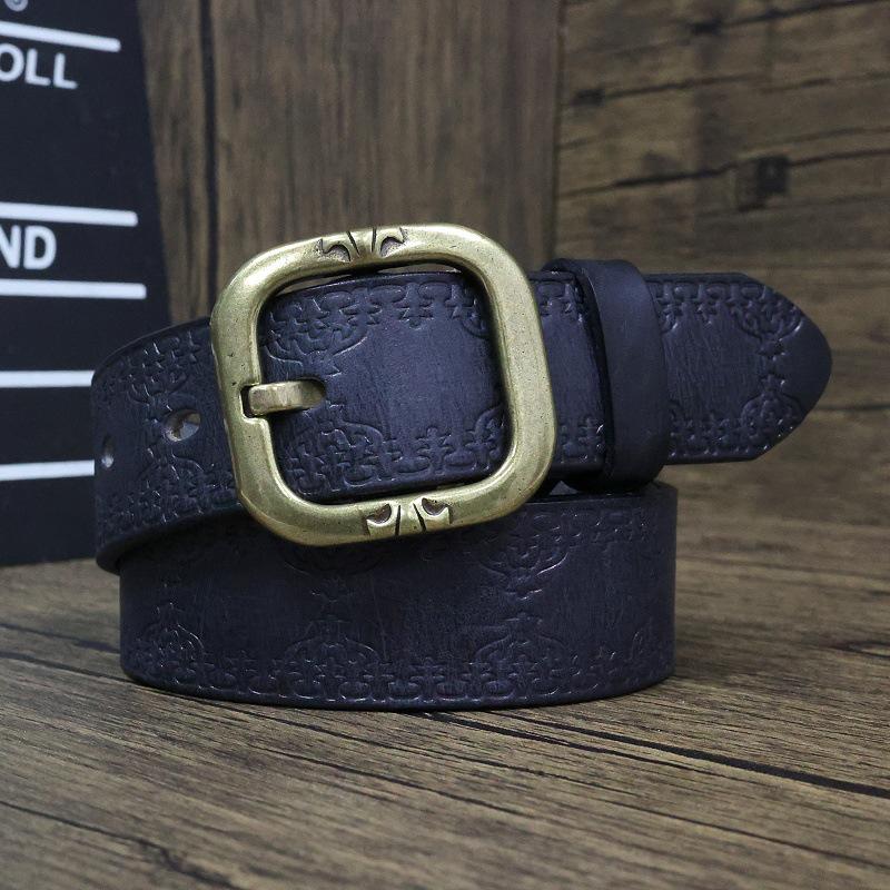 Vintage Handmade Women's Genuine Leather Belt with Copper Buckle - First Layer Cowhide, Versatile for Jeans, Personality Pattern, Casual Style.