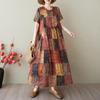 2025 Summer Women's Cotton Linen Printed Round Neck Loose Fit Short Sleeve Dress - Plus Size Slimming Patchwork