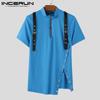 INCERUN Summer Men Shoulder Strap Short Sleeve Zipper Rib Casual Irregular Slim T-shirts
