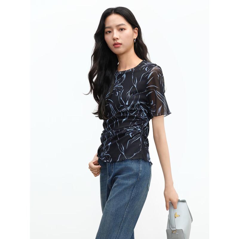 JUZUI Artistic Floral Mesh Short Sleeve Top