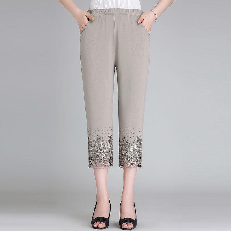 

Mom s Stylish Lightweight Cropped Trousers with Embroidery, Elastic Waist, Plus Size for Middle-Aged and Elderly Women XL (recommended for 90-115 jin) хаки
