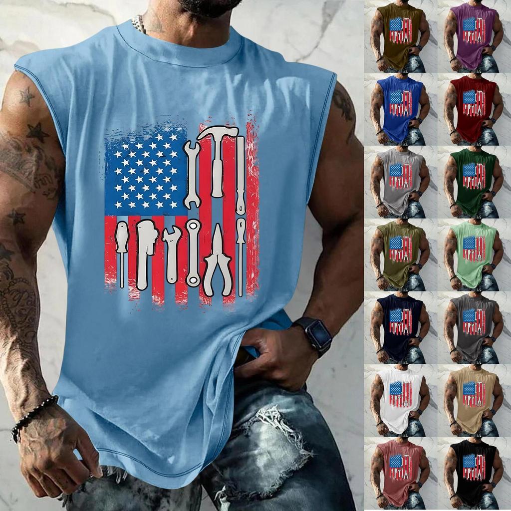 Men's Loose Fit Sleeveless Tank Top Casual Sportswear Muscle Shirt with Tool Print Graphic for Labor Day Outdoor Activities