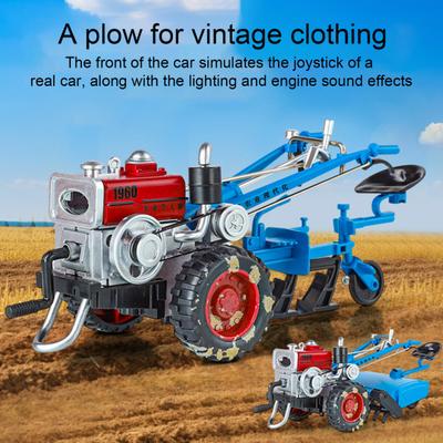 Mini Retro Model Zemědělského Traktoru se Světlem Zvukem Pohyblivé Klouby Ručně Poháněné Vozidlo pro Zemědělské Hrázkování Rotační Obrábění Půdy Hračka Figurka Dekorace