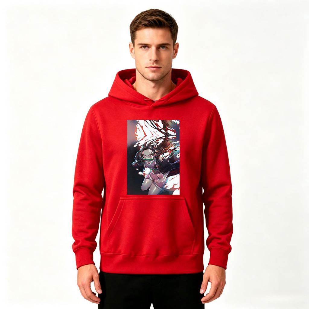 Men Anime Printed Pullover Hoodie Casual Long Sleeve Nezuko Character Graphic Hooded Sweatshirt