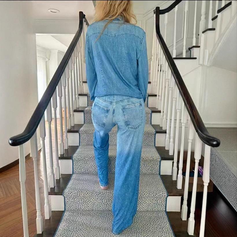 Neues modisches und lässiges Jeans-Hemd und Hosen-Set mit Print für den frühen Frühling, bequemes Set für Pendler und den täglichen Gebrauch