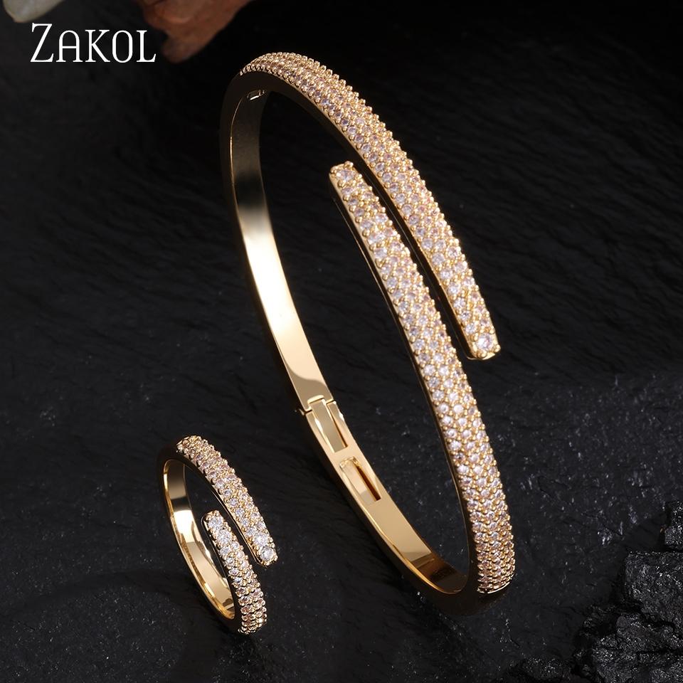 ZAKOL Simple Fashionable Micro-set Zircon Women's Ring Bracelet Two-piece Set Luxury Charm Wedding Party Jewelry Sets Female